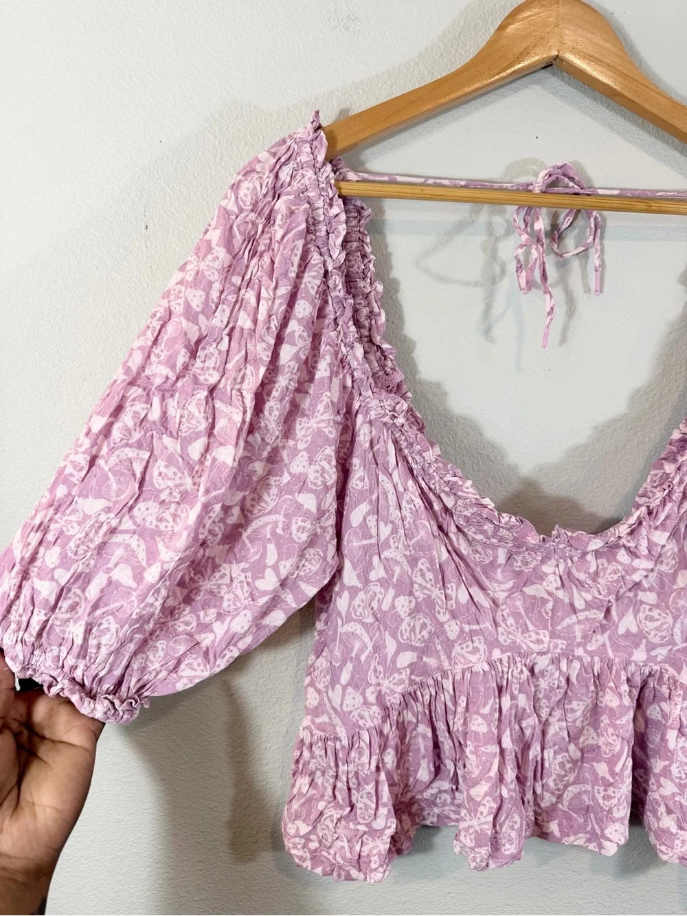 Intimately Free People Spring Soirée Pajama Top XL Purple Puff Sleeve Tie Back